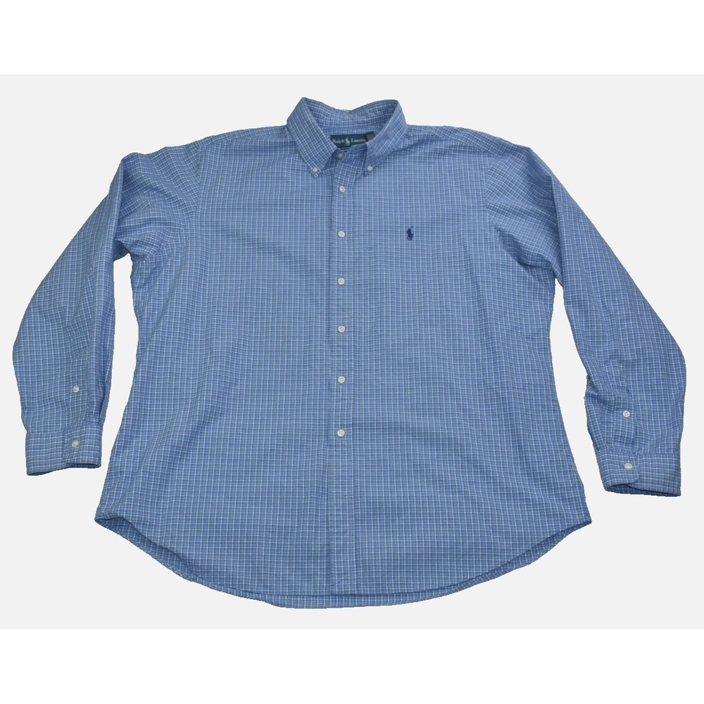 Ralph Lauren Classic Fit Mens Shirt Size XXL Blue White Plaid Button Down Cotton